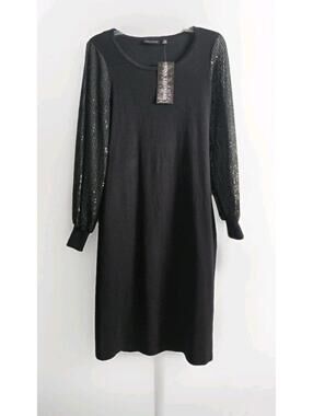 Nina Leonard Women's S Sequin Sleeves Sweater Dress Black NEW